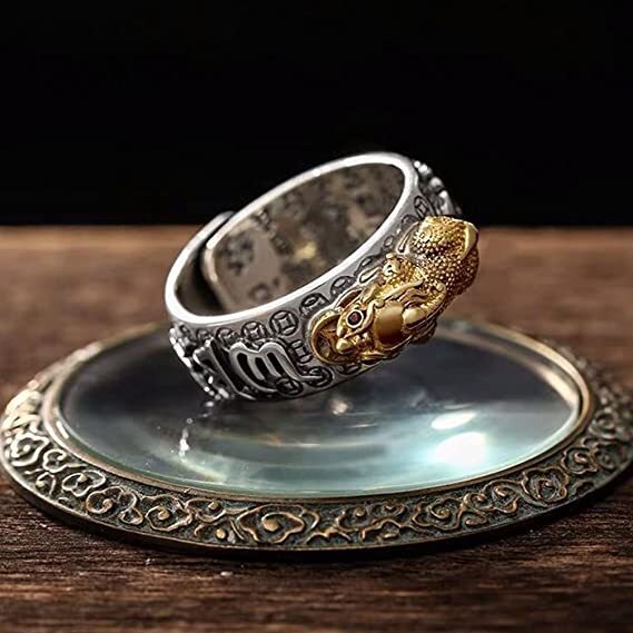 Silver Feng Shui Pixiu Adjustable Ring MANI Mantra Protection Wealth Ring USA