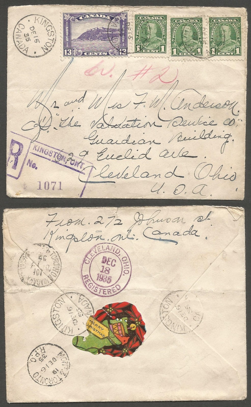 1935 Tied Xmas Label on Registered Cover 16c Quebec #201 RPO(2) CDS Kingston Ont