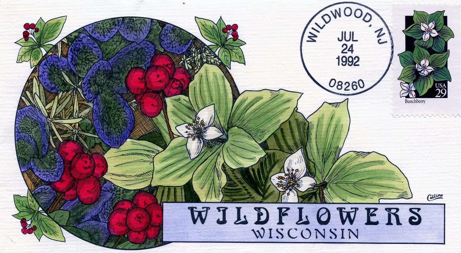 WWLF COLLINS FDC HAND PAINTED  STATE WILDFLOWERS  2675  WISCONSIN