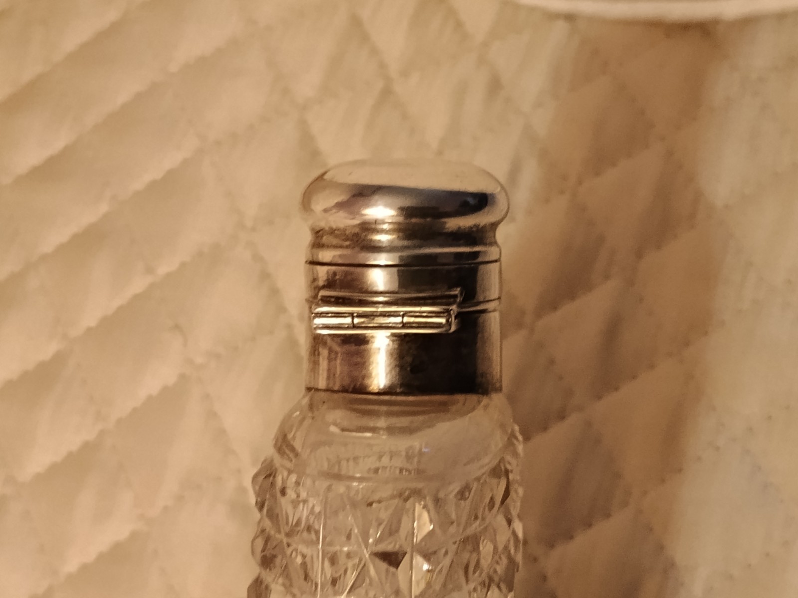 Vintage Crystal Flask w/ Sterling Silver Cup w 3D Repousse & Bayonet Mount Cup