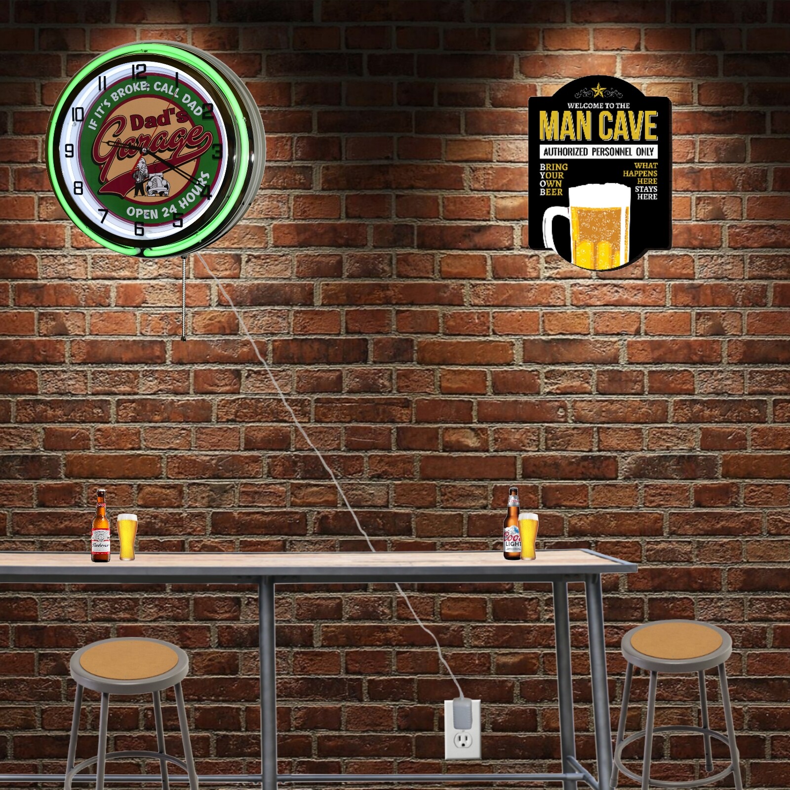 19" Dad's Garage Open 24 Hours! Double Neon Clock Man Cave Garage Decor (Green)