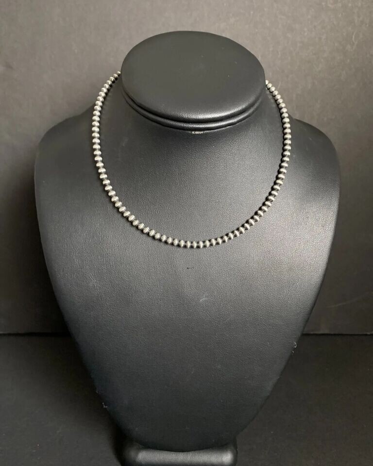 4mm 16 Inch 925 Sterling Silver Oxidized Pearls Bead Necklace Southwestern