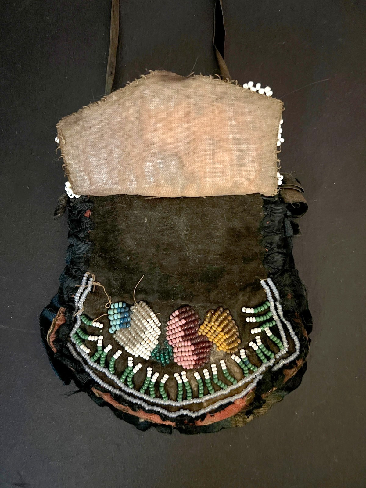 IROQUOIS BEADED CLOTH PURSE 1800s Native American Hand Bag Hand-Made Antique