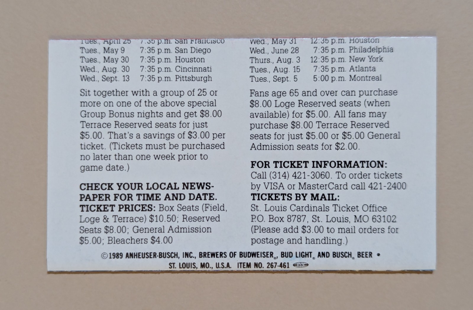 1989 St. Louis Cardinals Baseball Pocket Schedule MLB Budweiser ⚾️⚾️