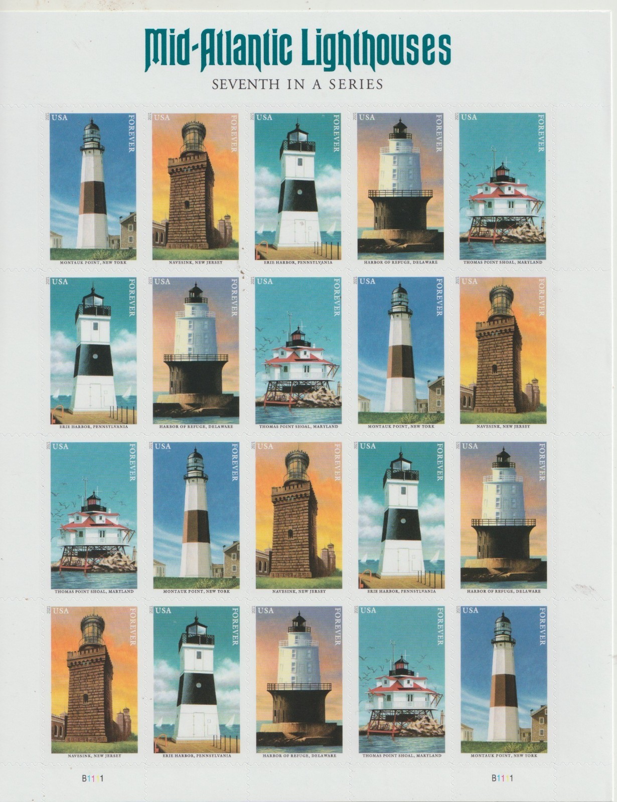 USPS Mid-Atlantic Lighthouses Sheet of 20 one ounce rate Sent free from OKC, OK