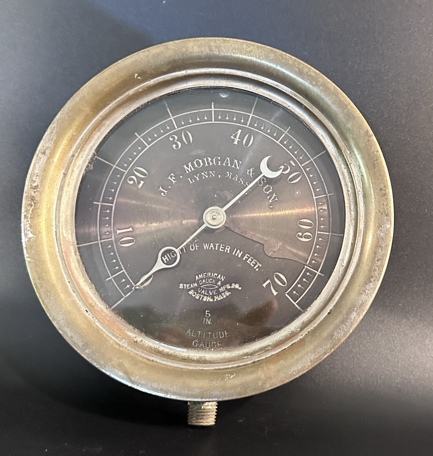 American Steam Gauge & Valve Co 5” Altitude Gauge, J.F. Morgan & Son, Lynn, Mass