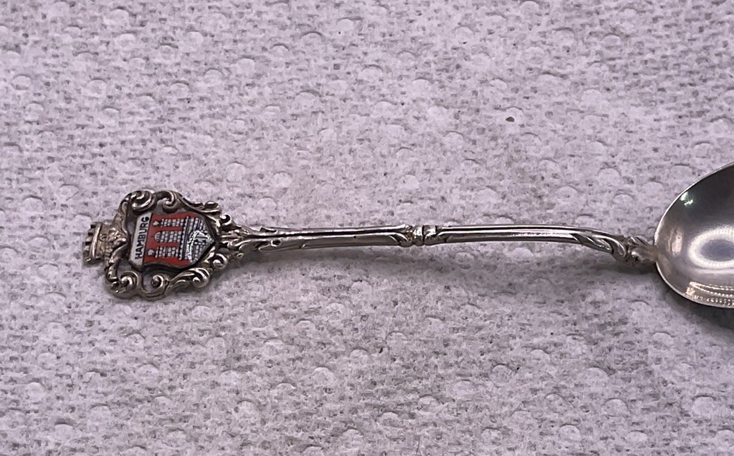 ANTIQUE .835 SILVER HAMBURG PORCELAIN SHEILD SOUVENIR SPOON 4 1/4”