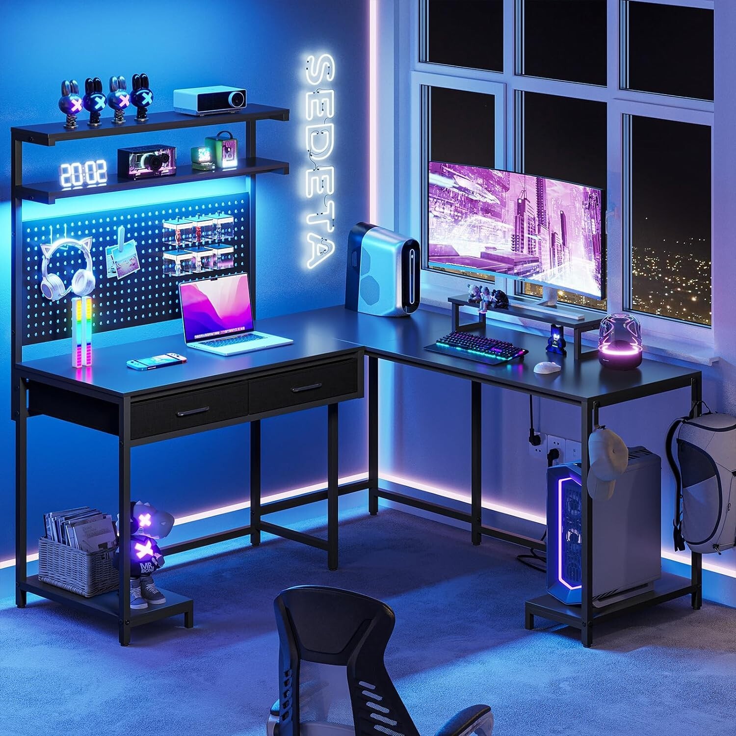 L Shaped Gaming Desk with LED Lights and Hutch, Computer Desk with Monitor Stand