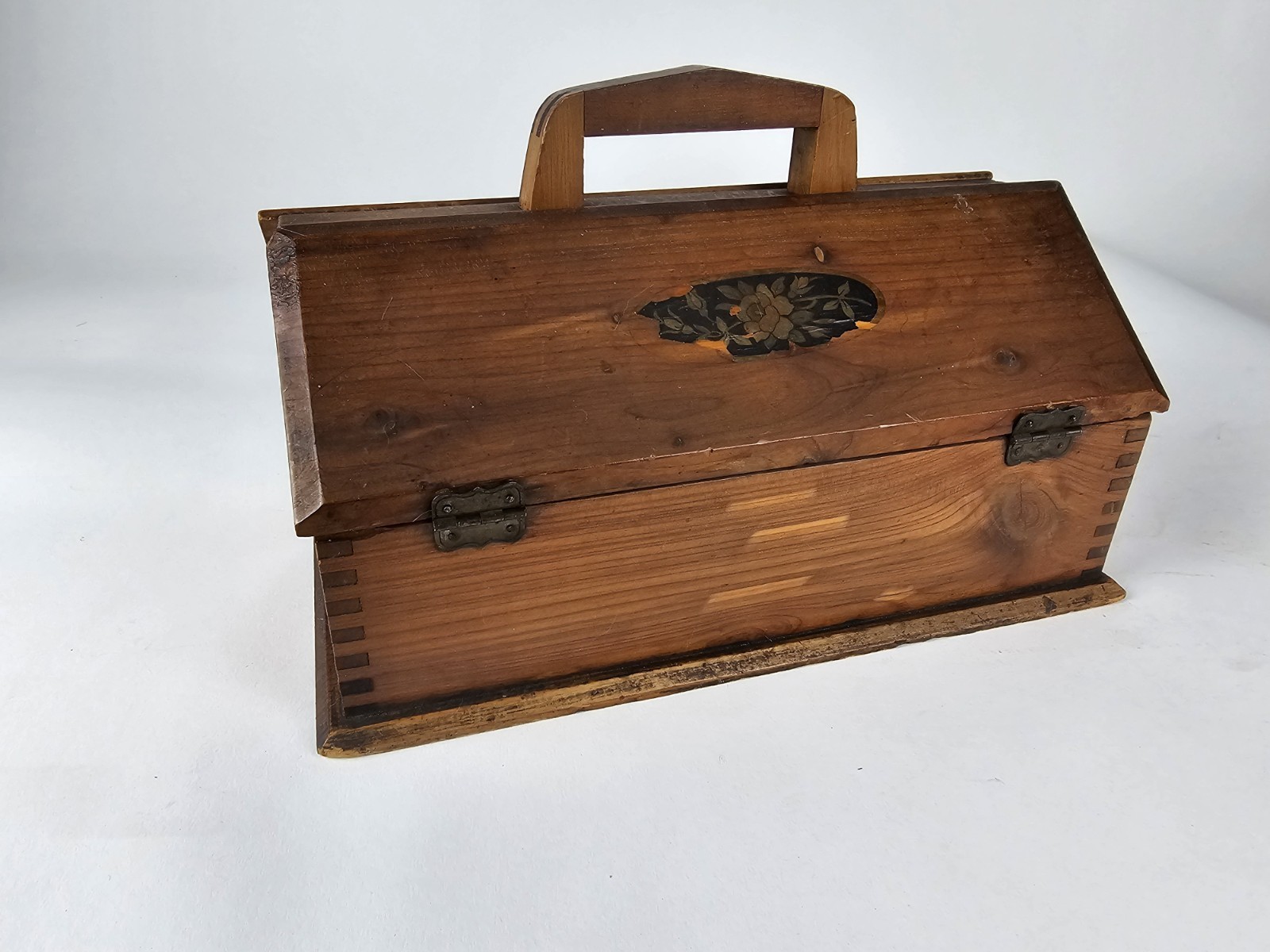 Vintage Wooden Sewing Jewelry Keepsake Box w Handle Floral Decal Craft Storage