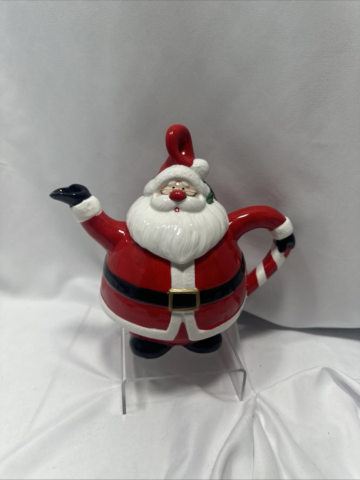 Omnibus OCI Painted Mr. Santa Claus Ceramic Teapot Christmas Tea Pot Candy Cane