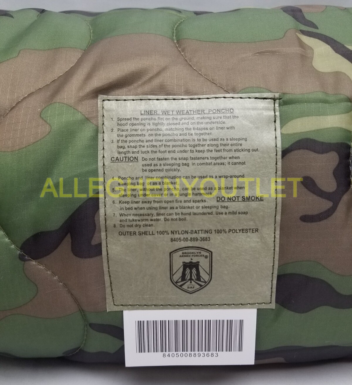 BAF Wet Weather, WOODLAND CAMO, Poncho Liner Woobie Blanket w/ Stuff Sack, NIB