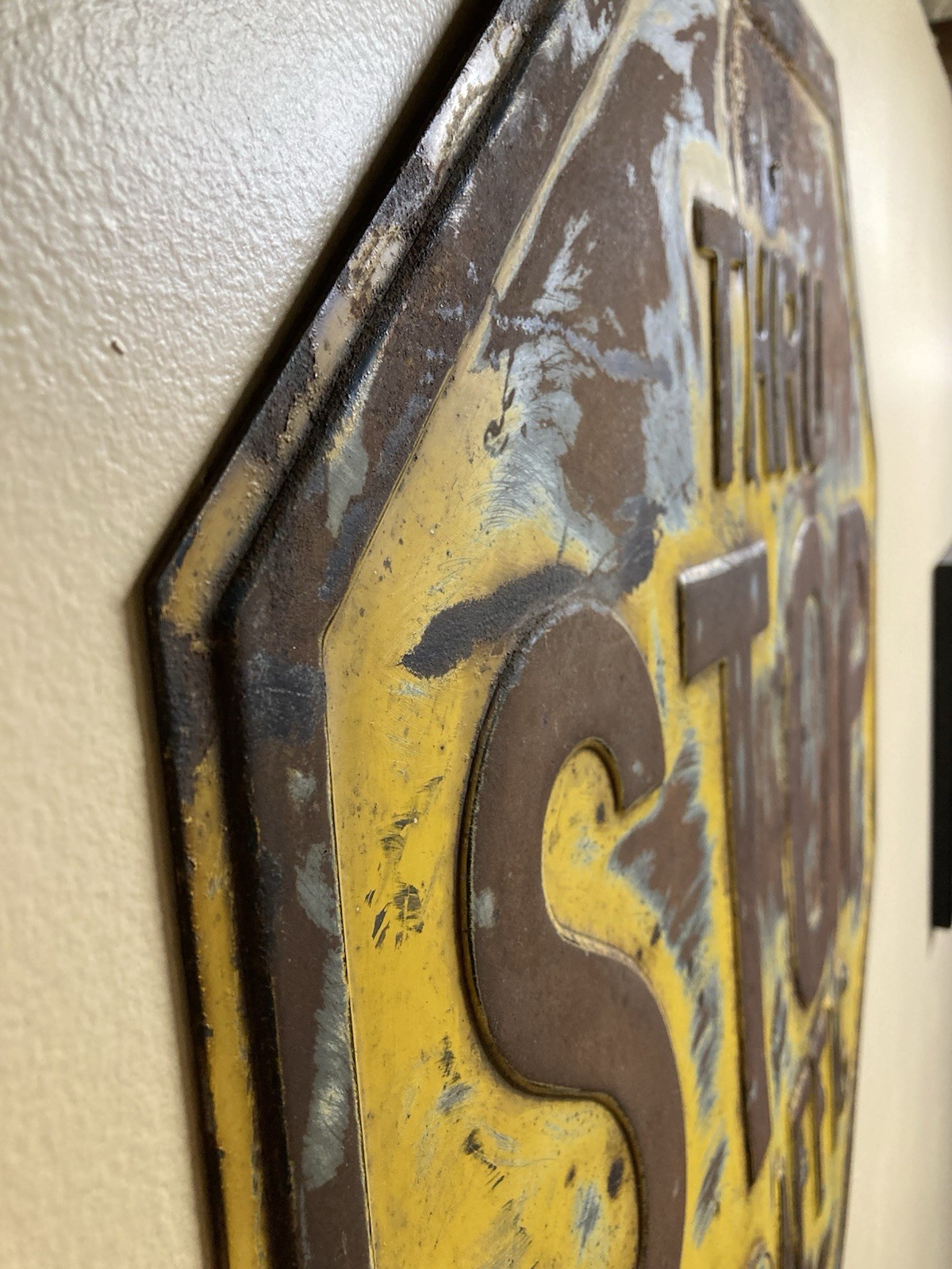 Vintage Yellow Stop Sign Embossed 24"x24" Art Deco 1930 Era