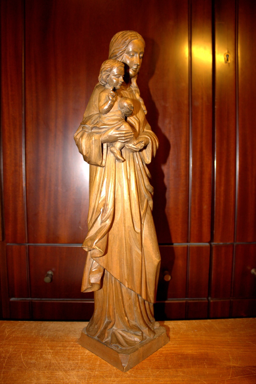 ANTIQUE 20" HAND CARVED WOOD CATHOLIC VIRGIN MARY OUR LADY JESUS STATUE FIGURE