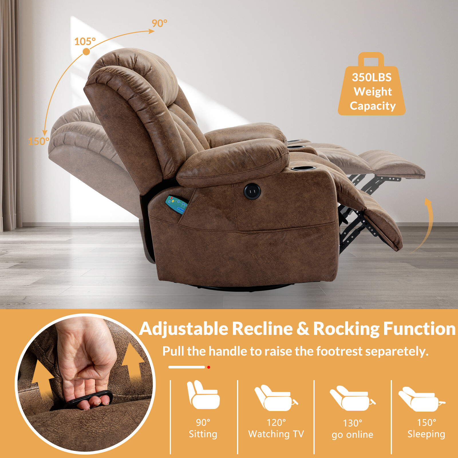 360° Swivel Overstuffed Manual Massage Glider Recliner with Heat and Vibration