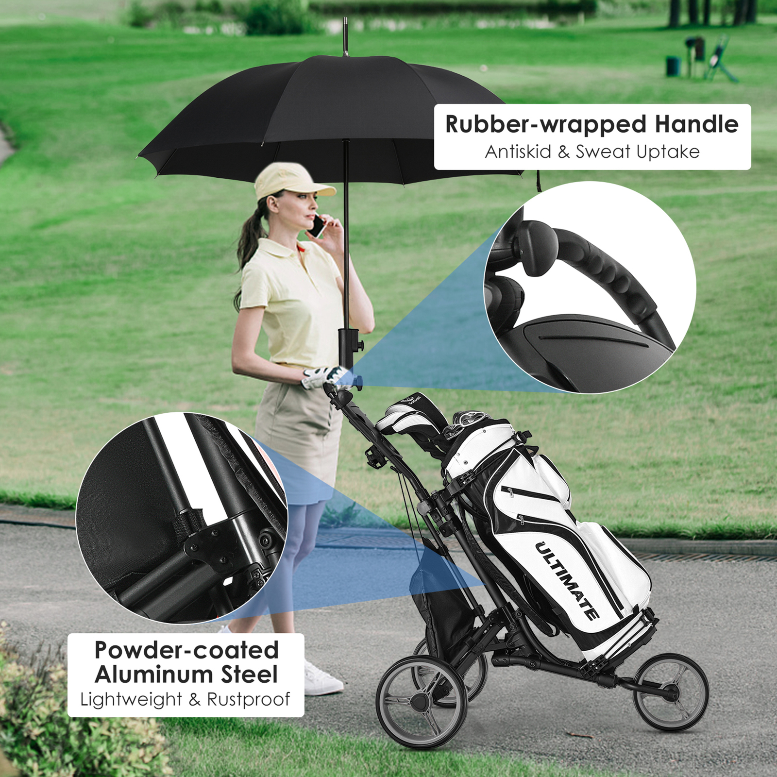 3-Wheel Foldable Golf Push Pull Cart Trolley w/ Adjustable Handle Grey