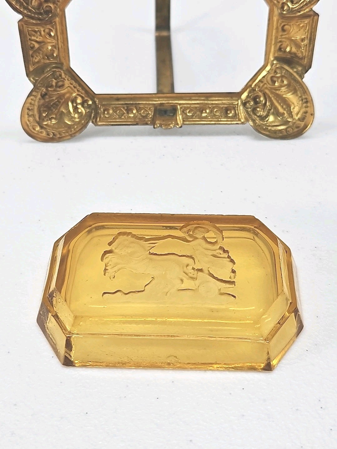 Antique Czech Amber Glass Salt Cellar Intaglio Design Ornate Brass Holder RARE