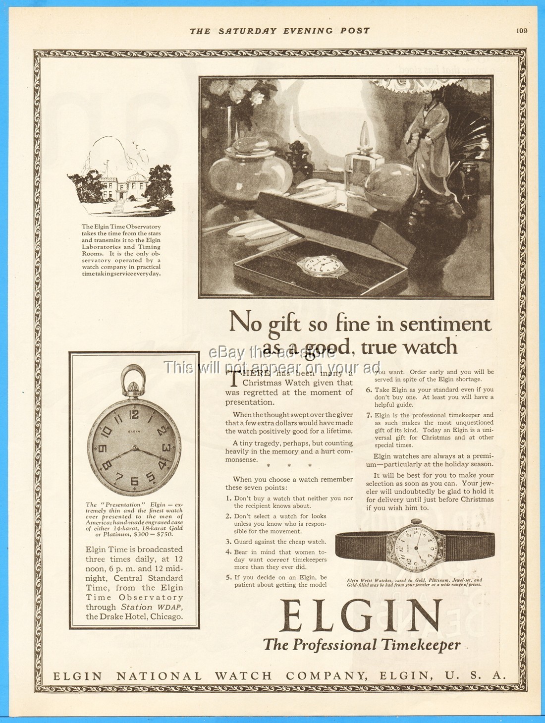 1923 Elgin National Watch Company Observatory Presentation Pocket Watch Ad