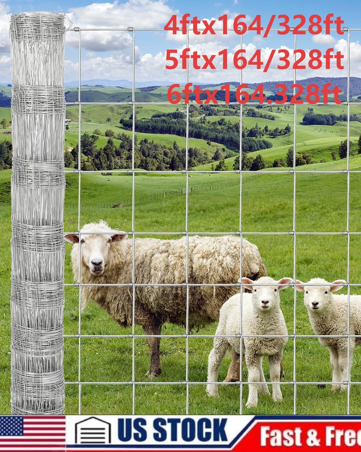 Farm Fence 4/5/6 x 164/328ft Heavy Duty Galvanized Cattle Fence Animals Protect