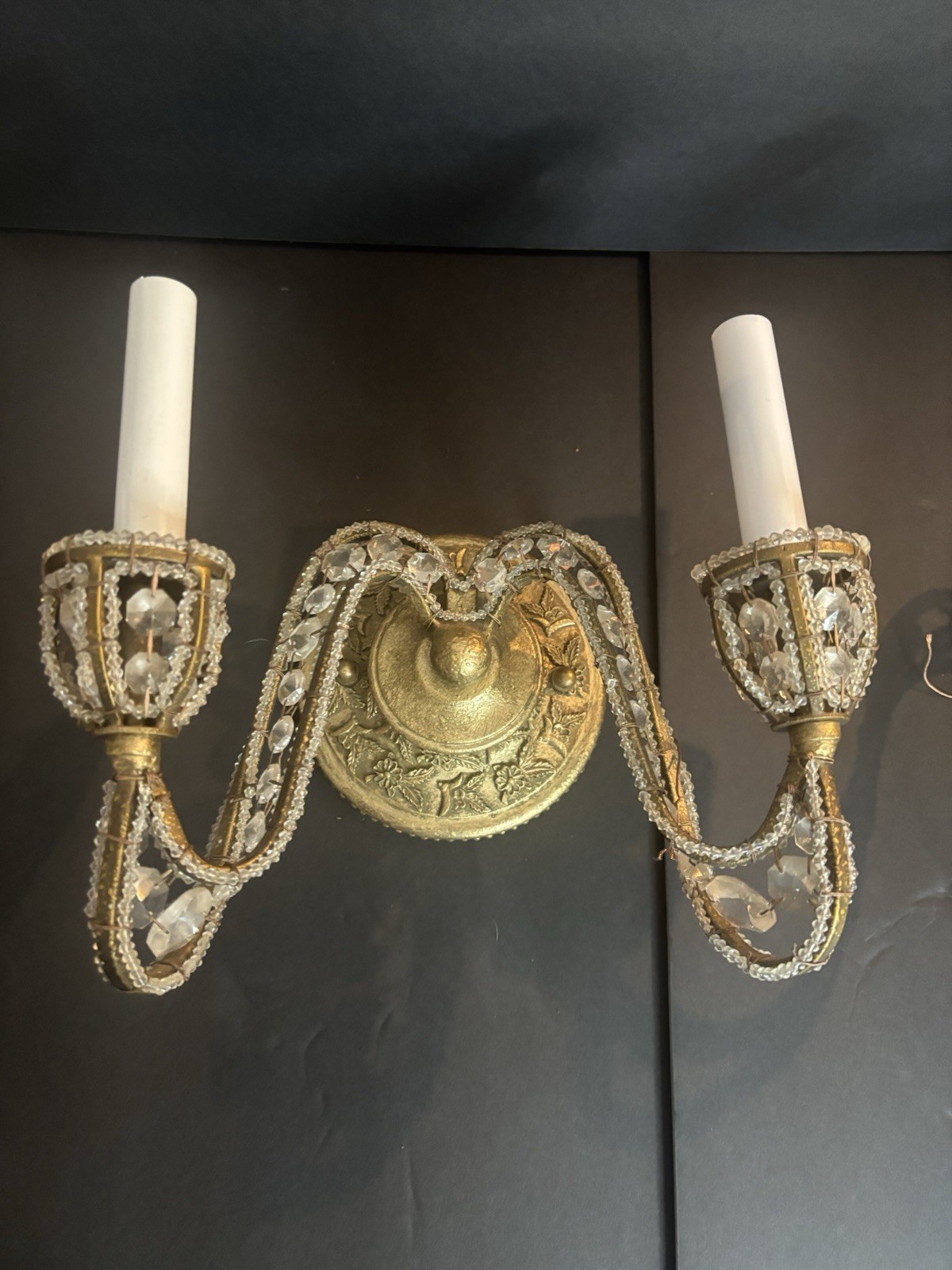 Pair Double Arm Wall Sconces Crystals Beaded Antique Style