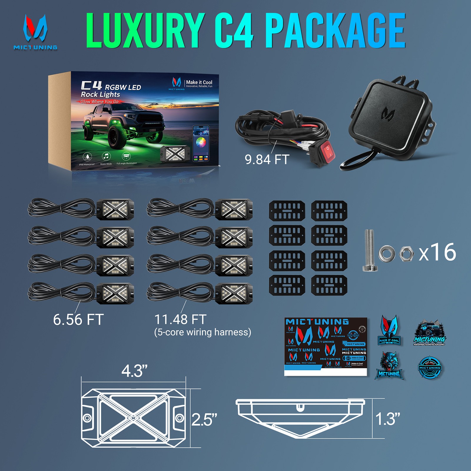 MICTUNING 48W C4 8 Pods RGBW LED Rock Lights, Underglow Neon Accent Lighting Kit