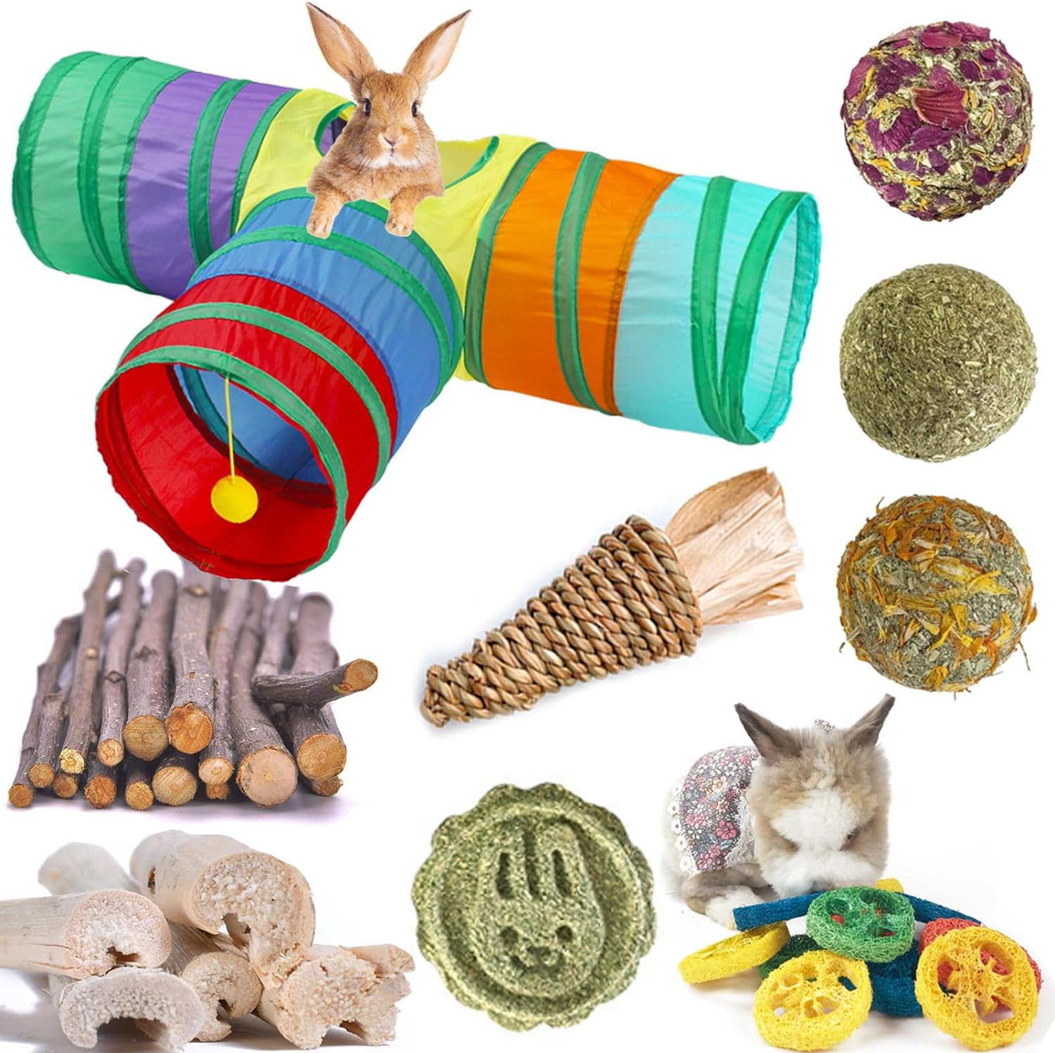 Rabbit Toys, Bunny Tunnels and Tubes with Chew Toys for Grinding Teeth Apple Sti