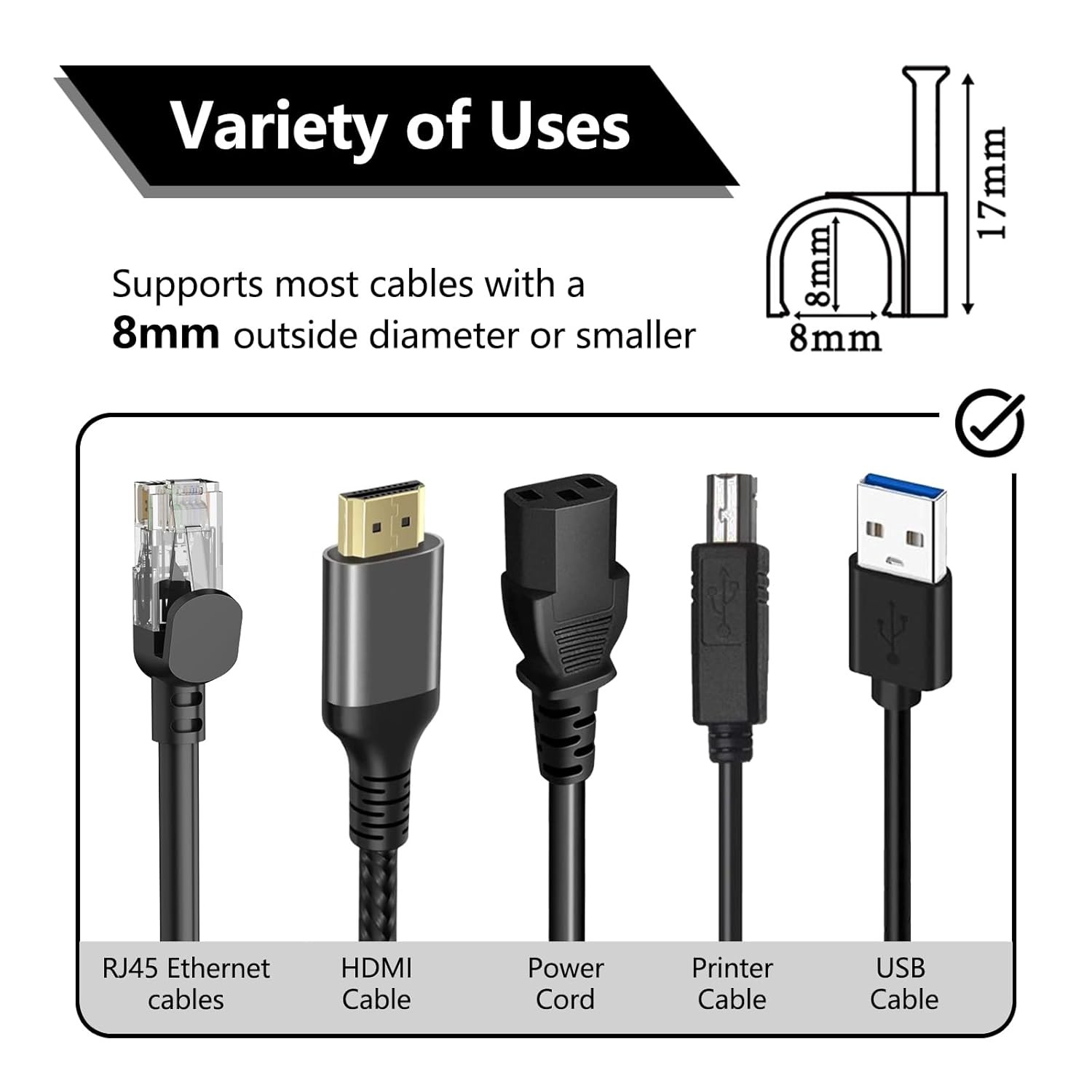 Cable Clips 100Pcs 8mm Nail in Clips for Round Ethernet Cables Wall Clips