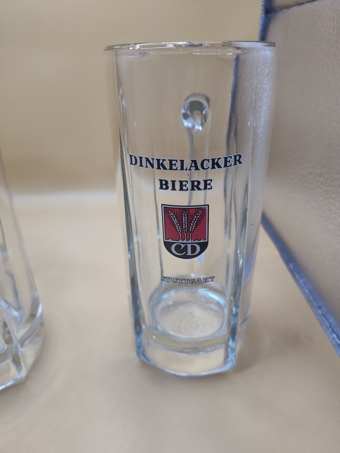 2 Vintage RARE Dinkel Acker Clear Glass  Beer Stein / mug. MADE IN GERMANY Read