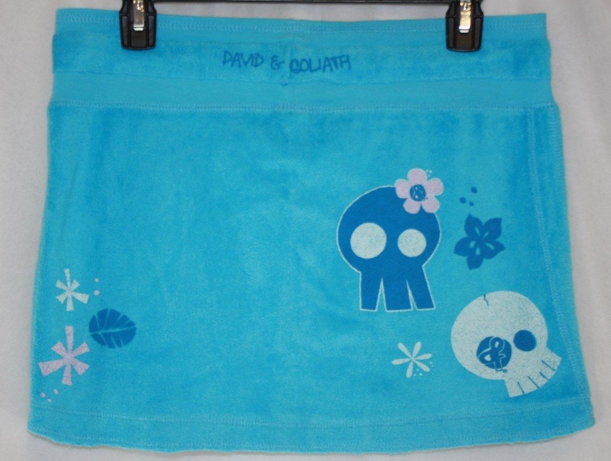 Womens Juniors David & Goliath Skulls Turquoise Blue Drawstring Terry Mini Skirt