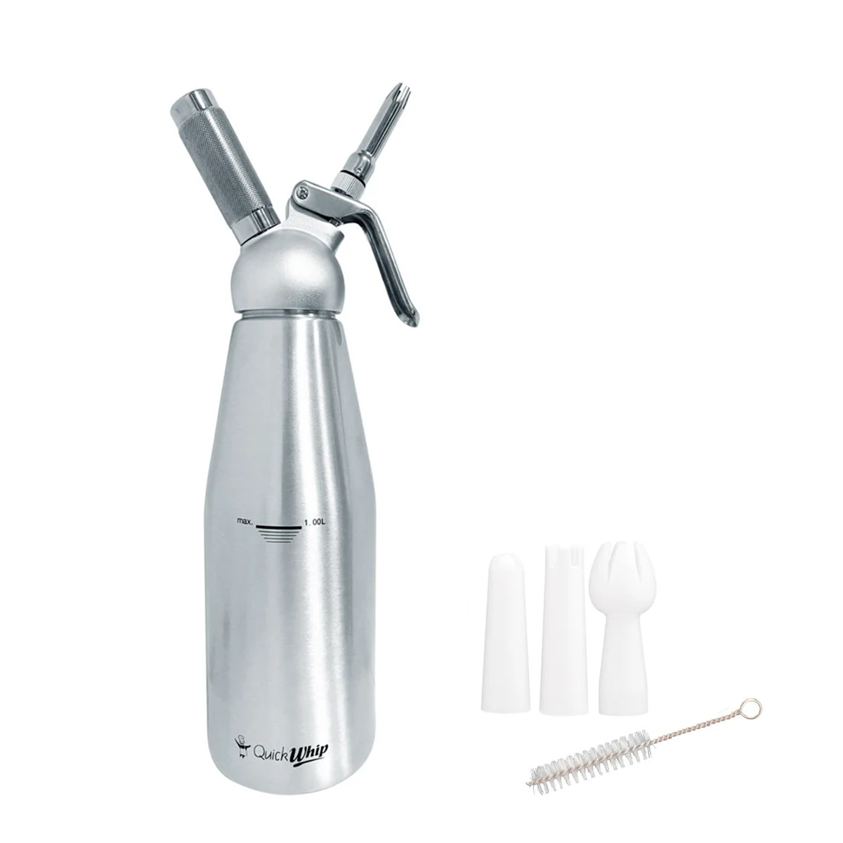 QuickWhip Pro 1 Liter All Metal Whipped Cream Dispenser with 3 Decorating Tips