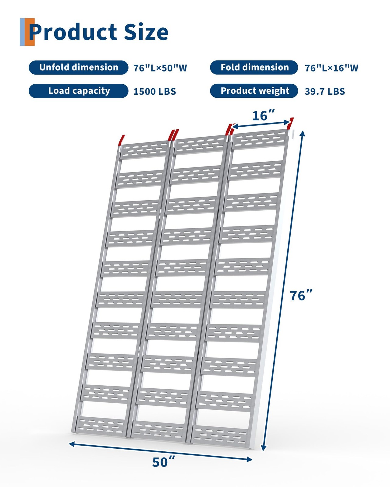 76x50" Tri-Fold Aluminum Truck Loading Ramp 1500 Lbs Heavy Duty ATV Ramp Pickup
