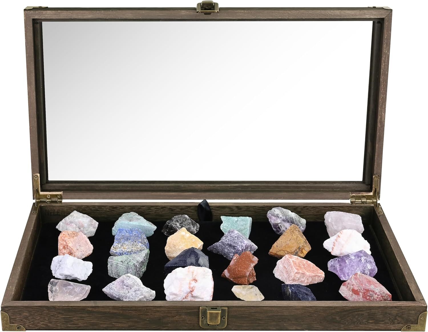 Wooden knife display case, tempered glass, black velvet mat, metal hinges, brown