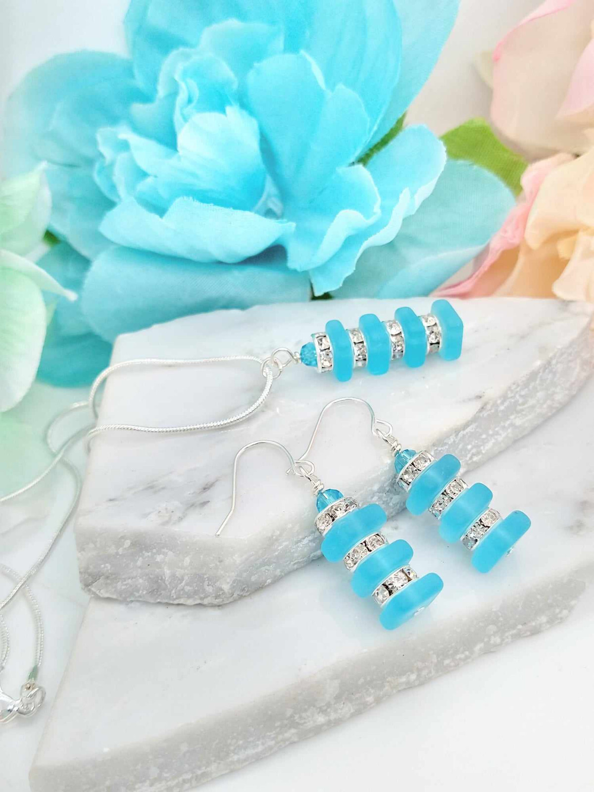 Stacked Lt. Blue Sea Glass Earrings, Gift For Her, Handmade, Minimalist Jewelry