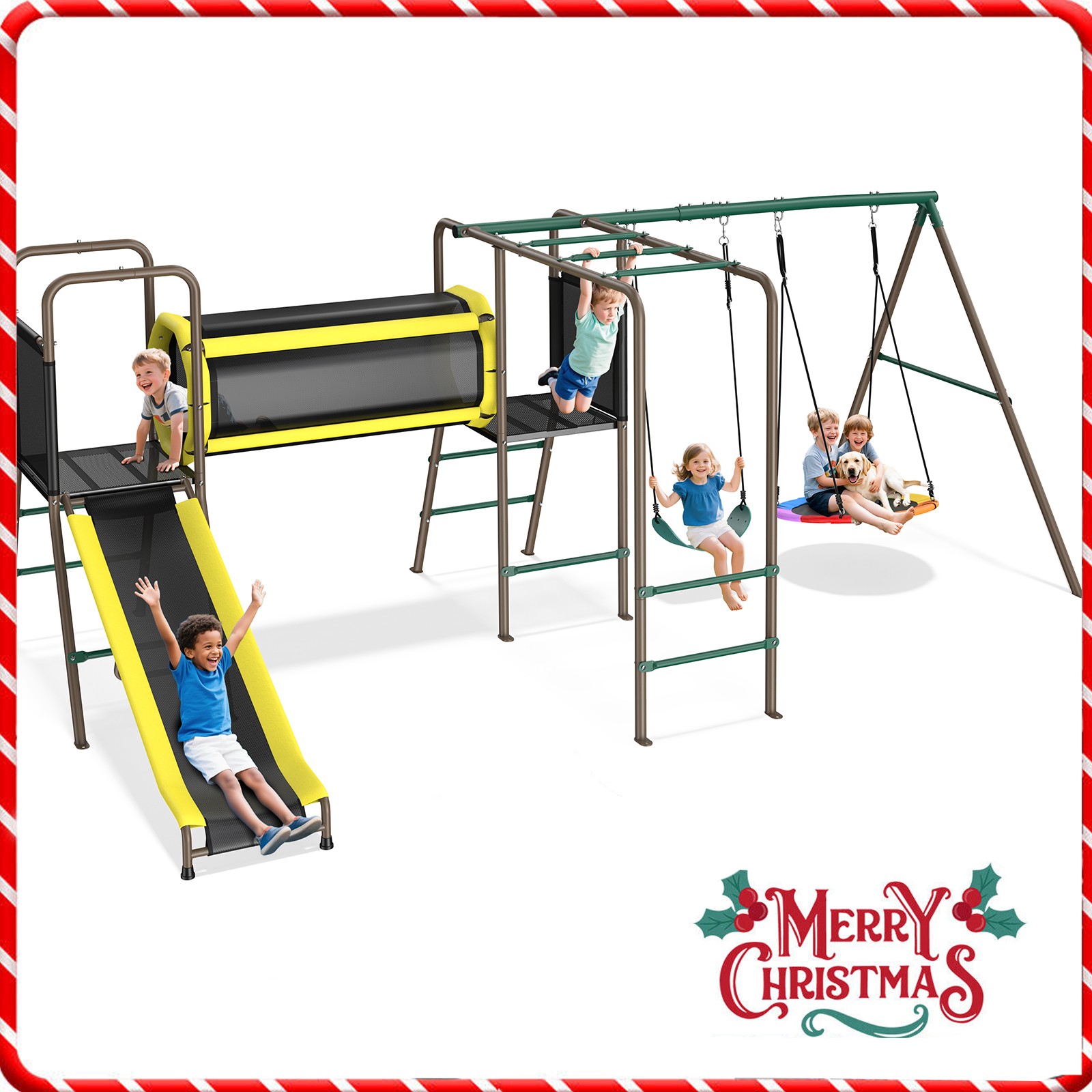 660lbs Playground Metal Swing Set Heavy Duty with Slide Outdoor Play for Kids