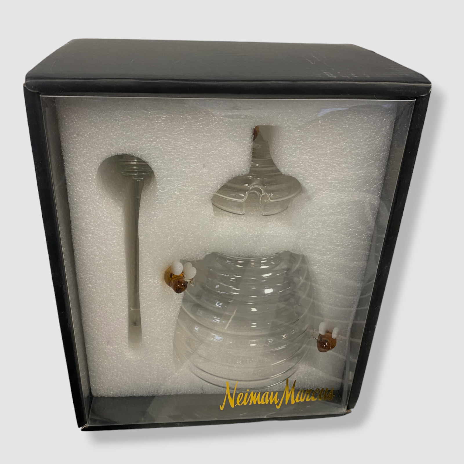 $43 Neiman Marcus Botanical Clear Glass Lid Bee Kitchen Handcrafted Honey Jar