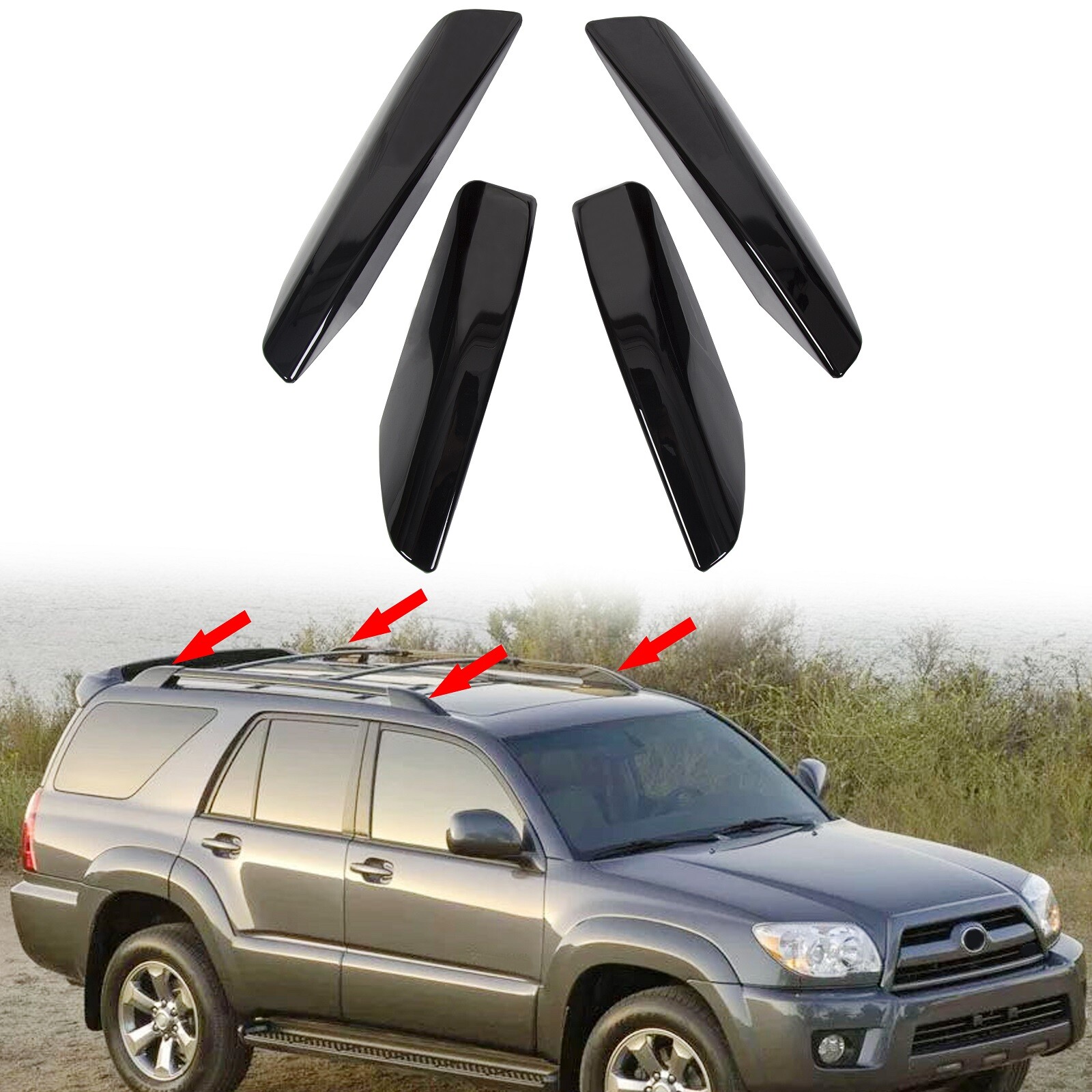 For Toyota 4Runner N210 2003-2009 4PCS Roof Rail Rack End Cover Shell Cap Black