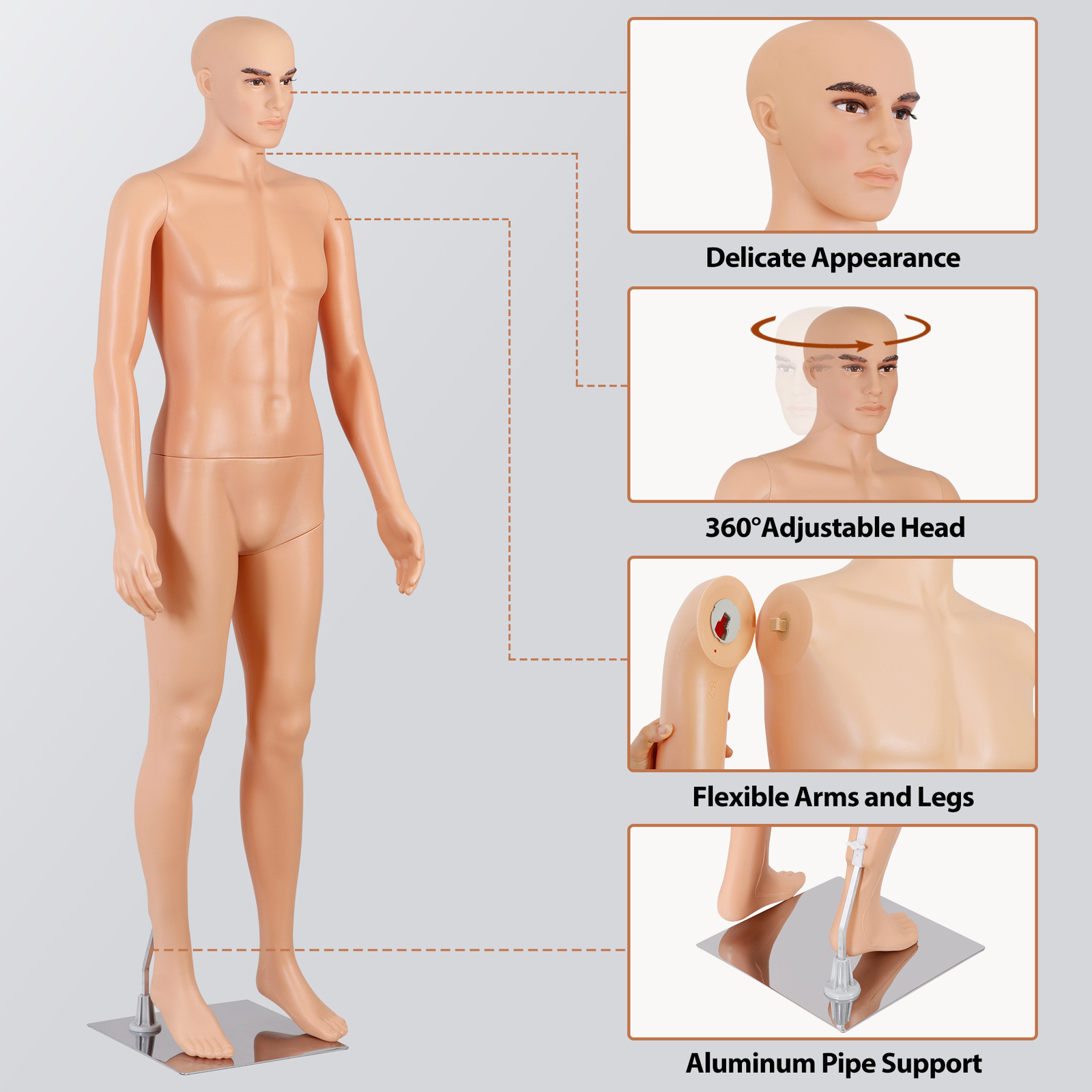 Adjustable Male Mannequin Egghead Plastic Full Body Dress Form Display Base 72"