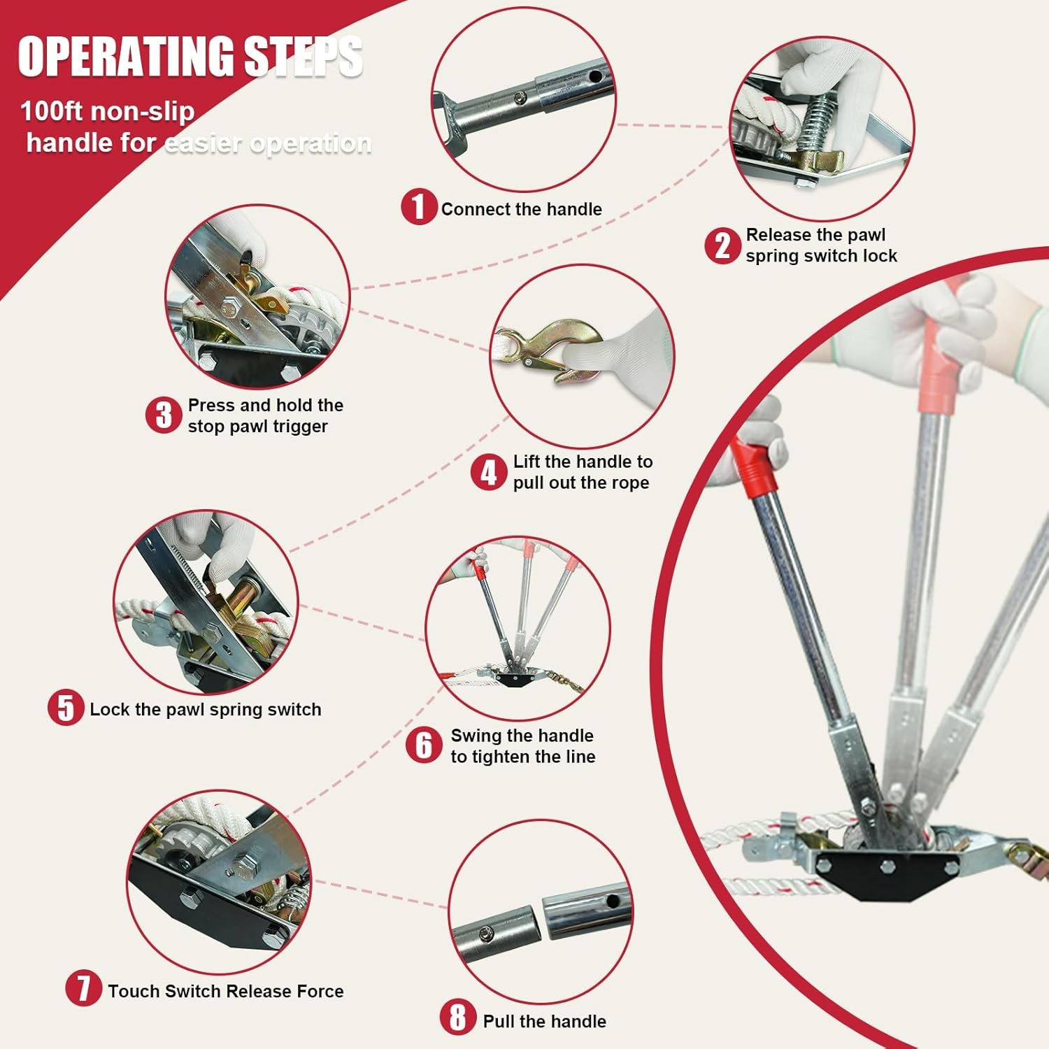 1.5 Ton 3300lb Rope Come Along Winch w/ 100' Rope
