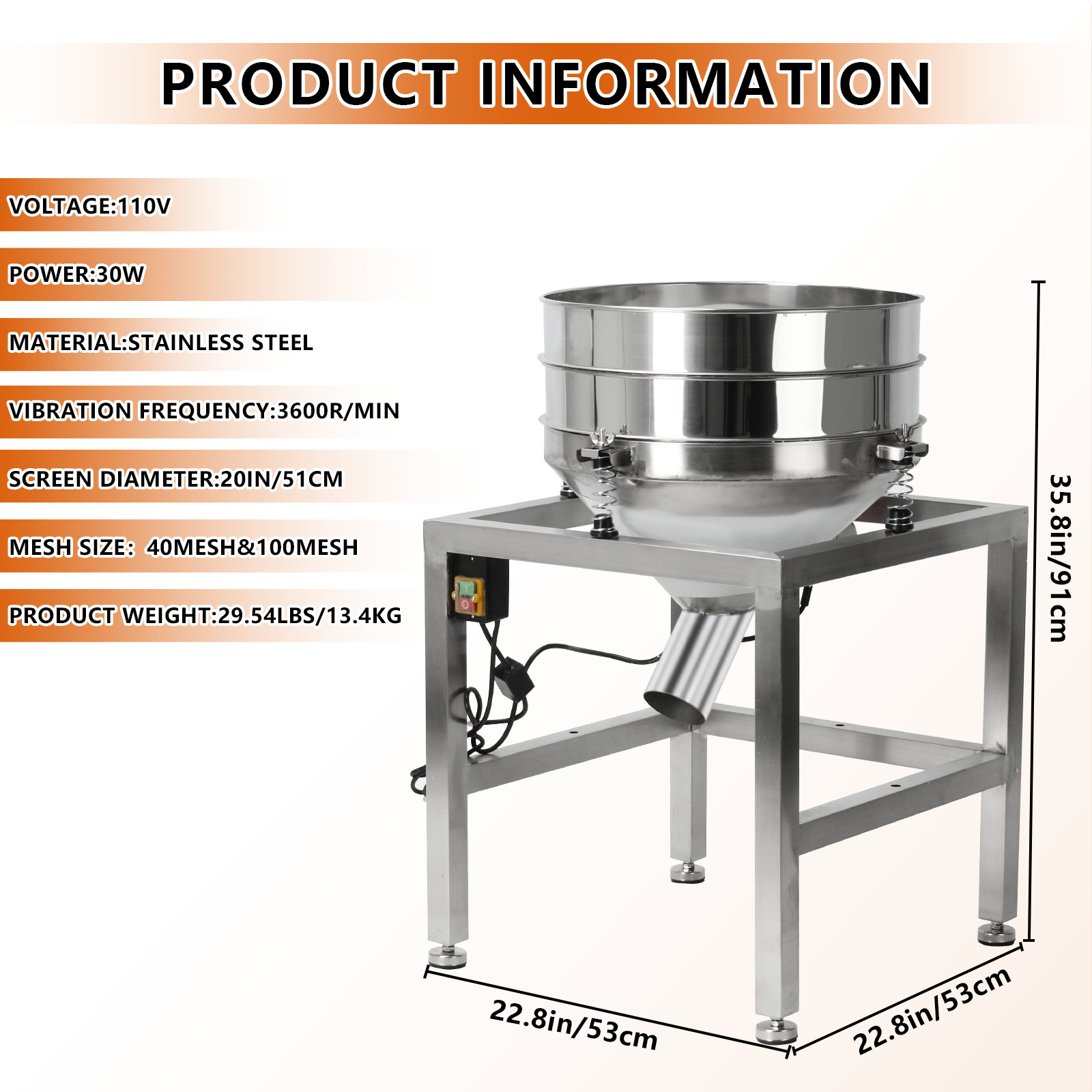 Automatic Powder Sifter Machine Flour Sifter with 19.6" 40&100Mesh Sieve Screen