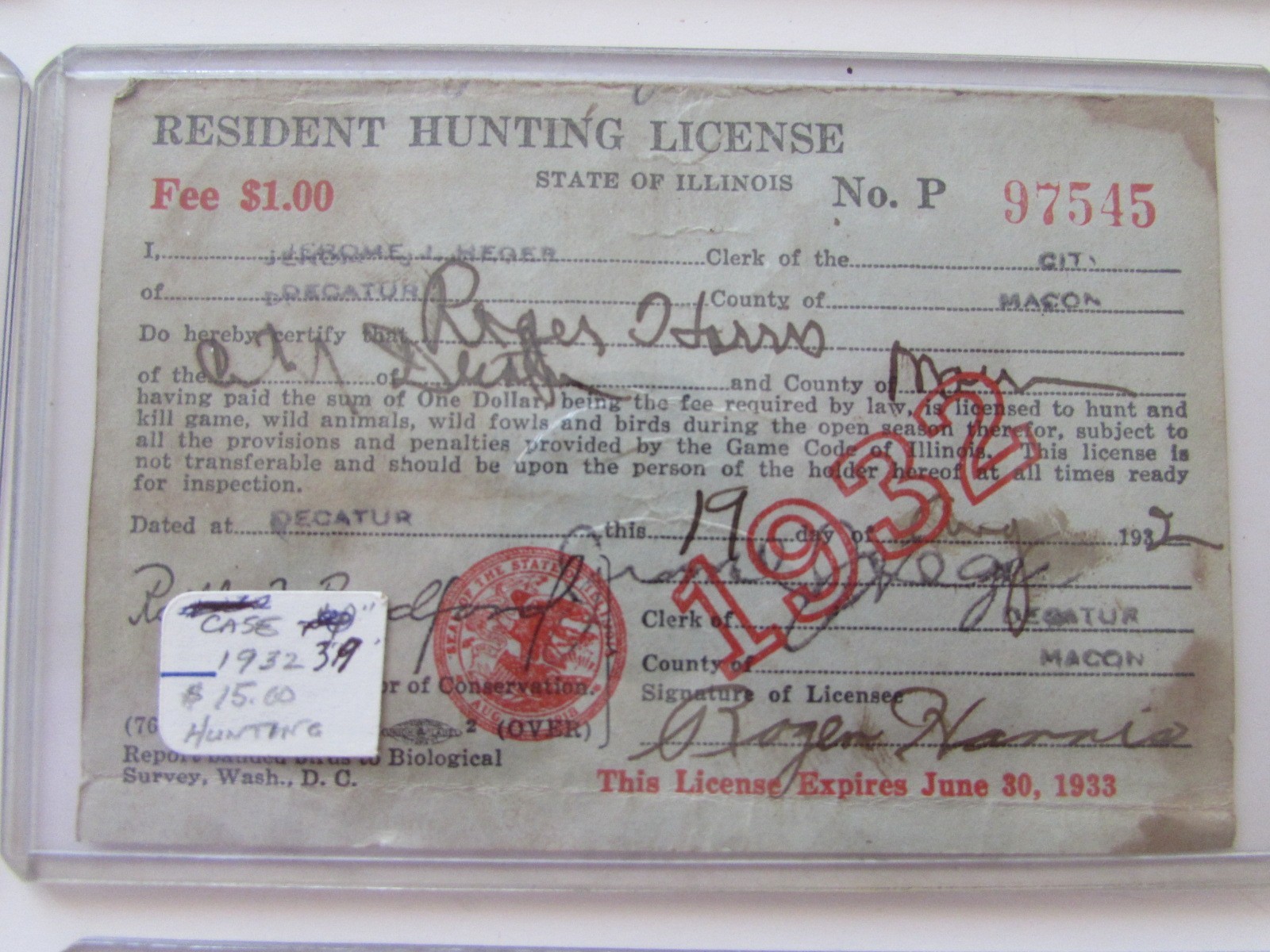 Lot Big Run Hatcheries Pin 1926-1933 Hunting & Fishing Licenses Decatur Illinois