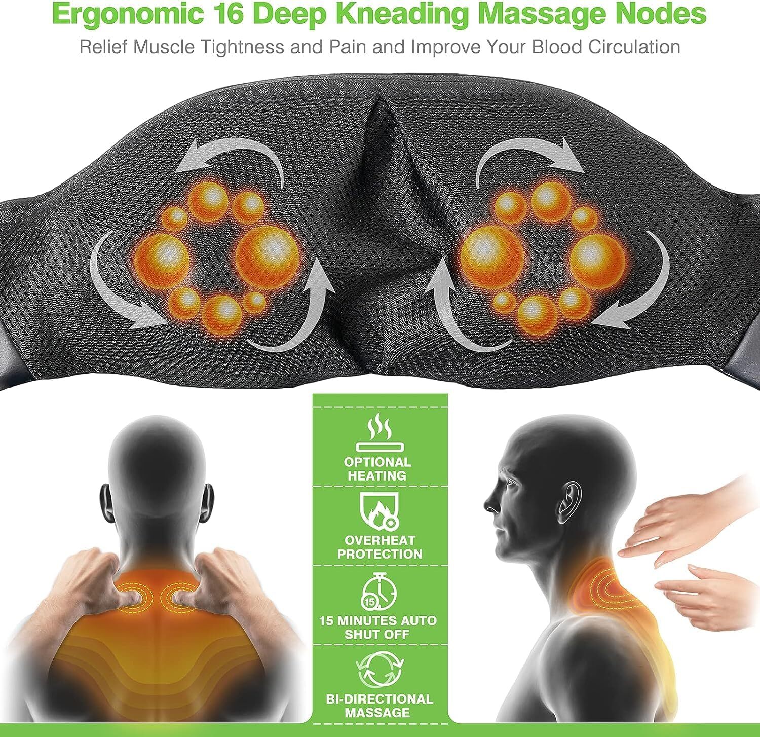Shiatsu Back Neck and Shoulder Massager with Heat Deep Tissue 3D Kneading Pillow