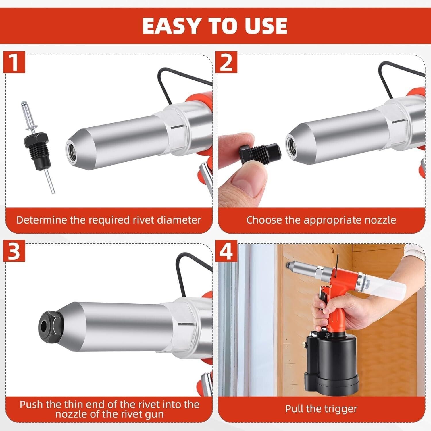 Air Pneumatic Pop Rivet Gun Hydraulic Rivet w/ 1/8" 5/32" 3/16" 1/4" Nose Pieces