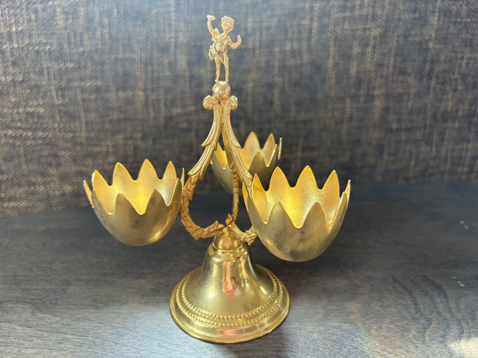 Vintage Italian Brass Egg Cup Holder Display Set with Cherub Figural