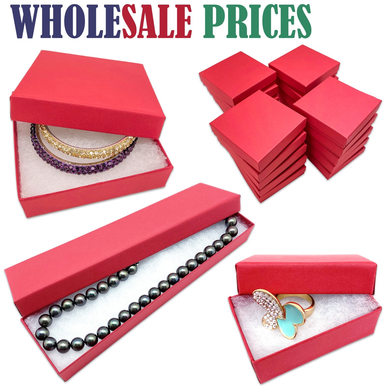 BULK Cardboard Kraft Paper JEWELRY GIFT BOXES Cotton Filled RED - for Shipping