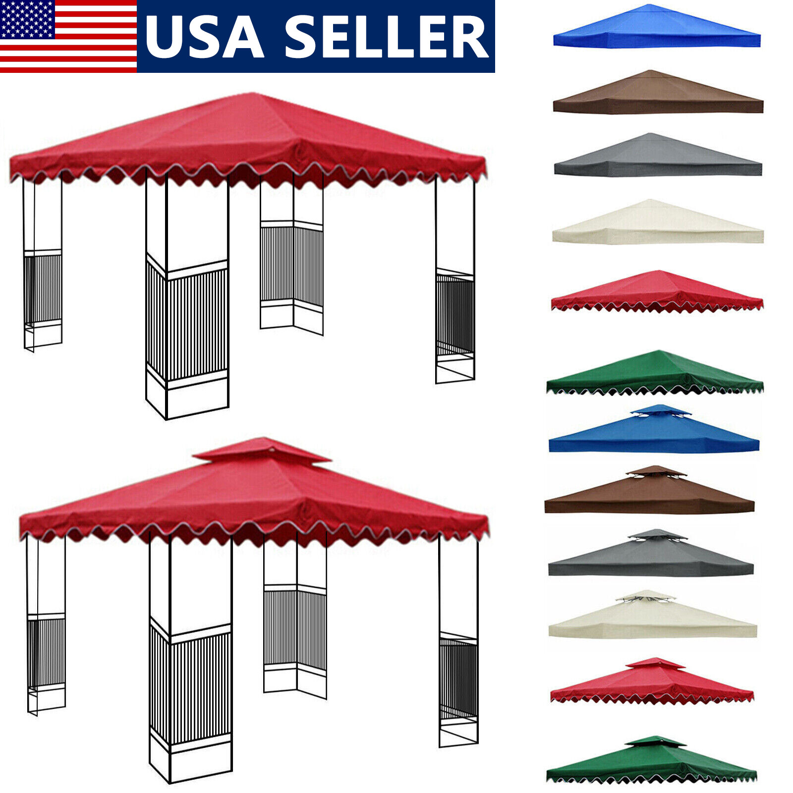 10'x10' Waterproof Gazebo Top Replacement Canopy 1 2Tier UV Sunshade Patio Cover