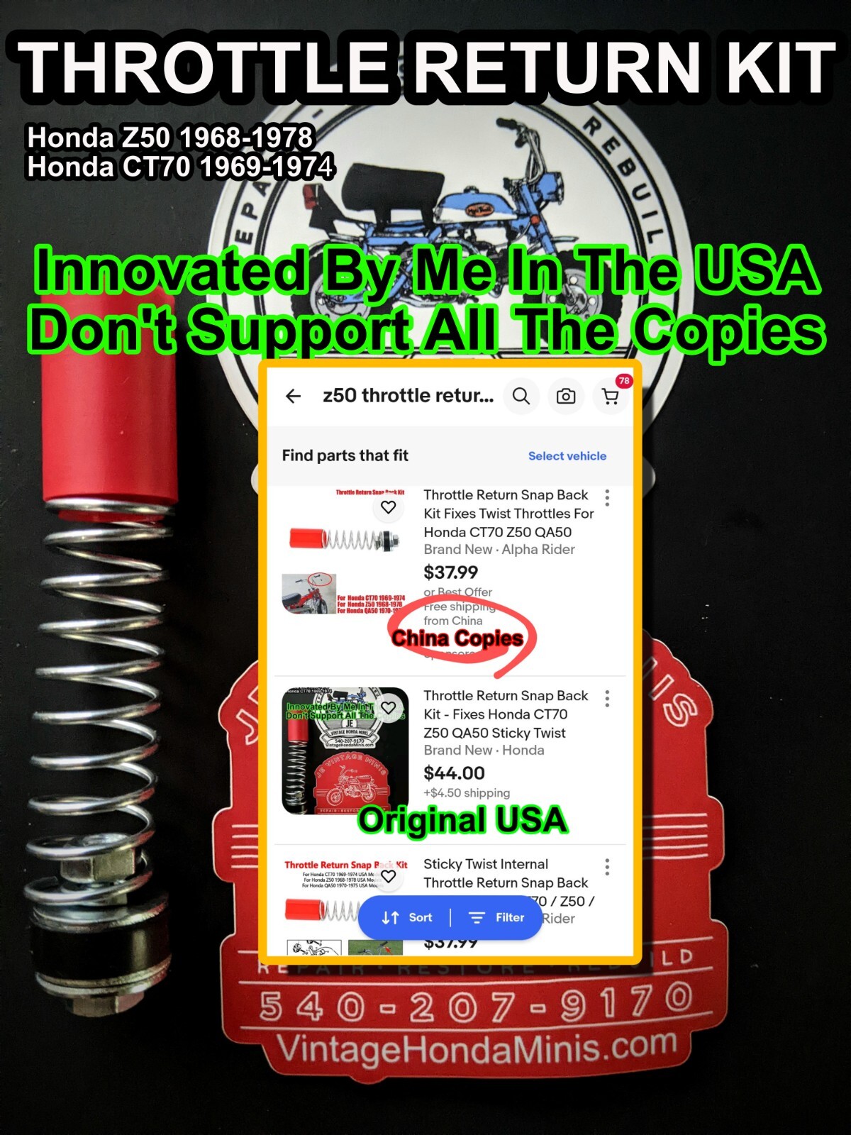 Throttle Return Snap Back Kit - Fixes Honda CT70 Z50 QA50 Sticky Twist Throttles