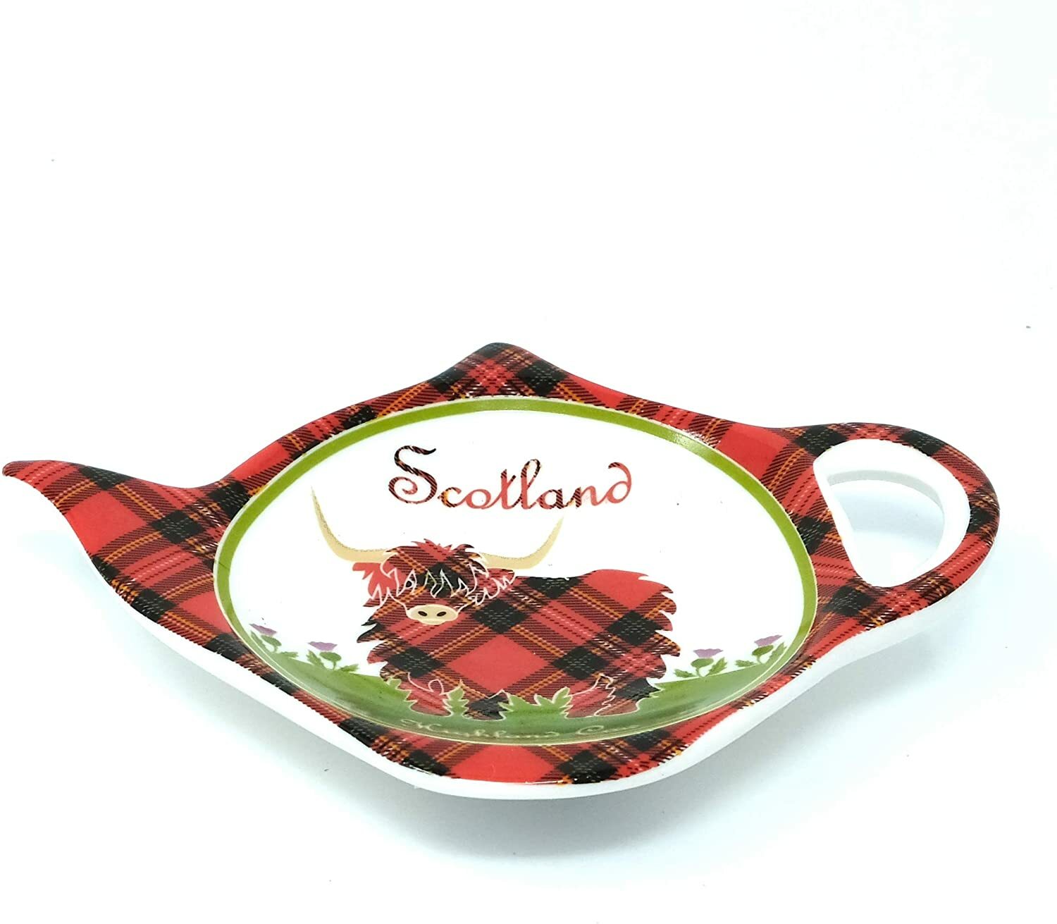 Scotland Highland Cow Teabag Holder Bone China Collectible Tartan Pattern 4in