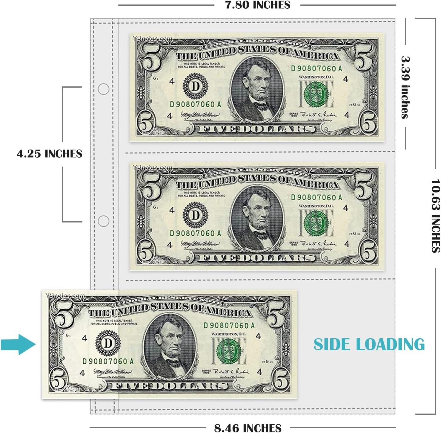 Currency Sleeves,50Pcs Page Protectors for 3 Ring Binder, 3-Pocket Banknote