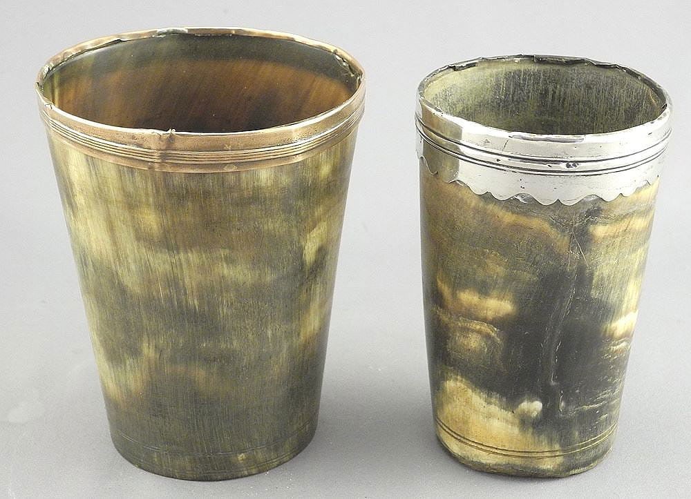 2 GEORGIAN COPPER/GOLD & SILVER RIMMED CUPS BANDED BASES GREAT CONDITION