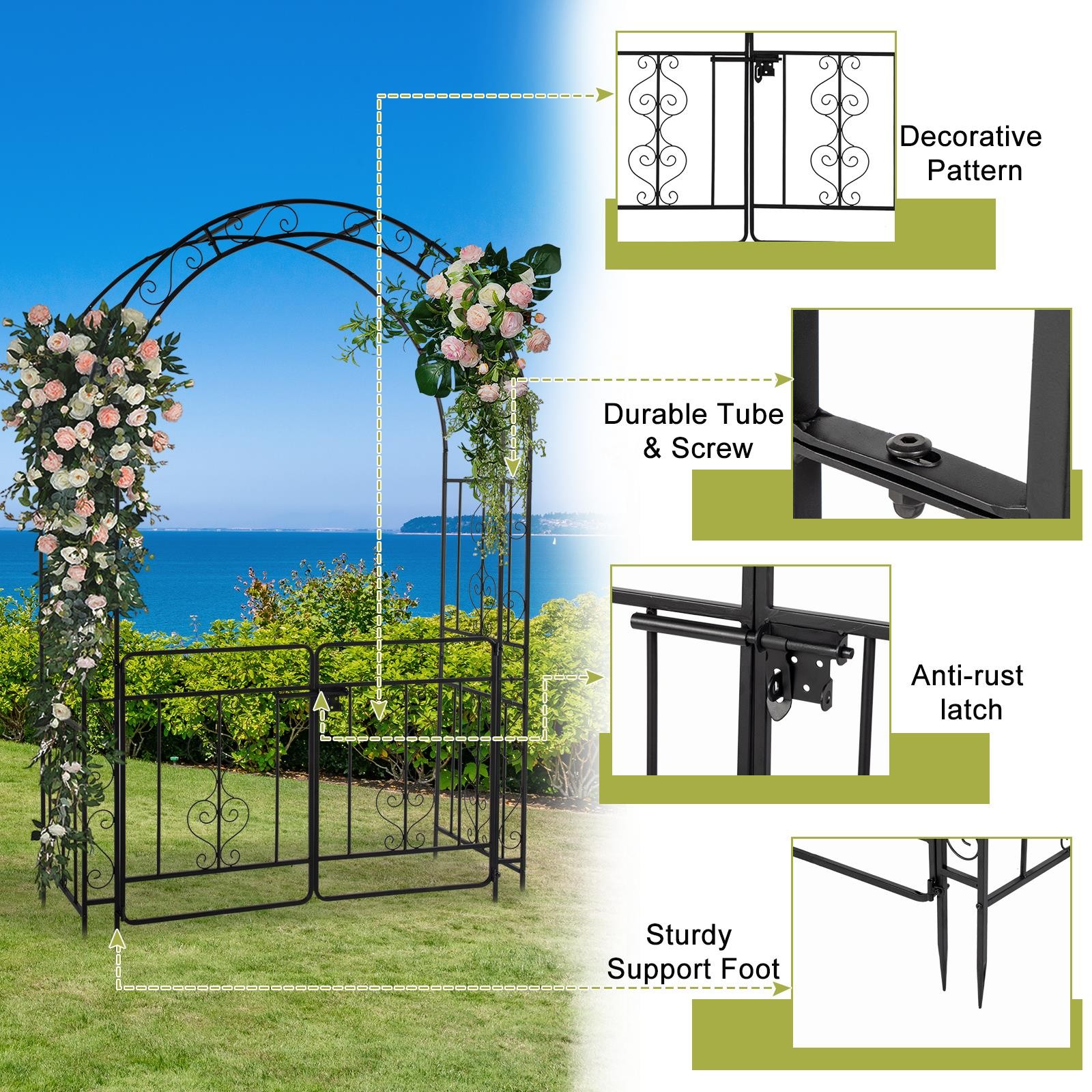 7FT Sturdy Metal Garden Arch Trellis with Gate for Outdoor Garden Lawn Backyard