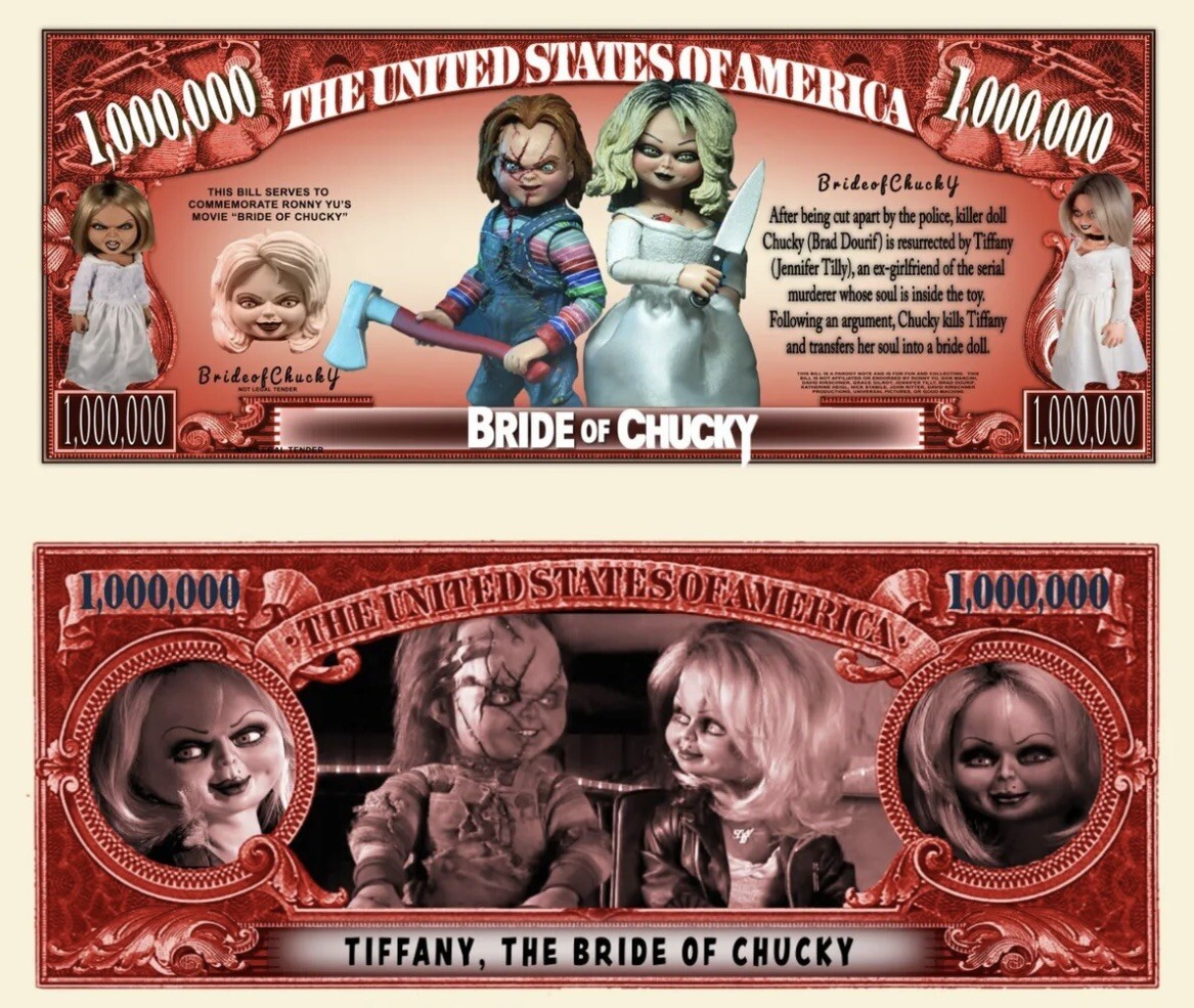 Pack of 10 Bride of Chucky Horror Doll Novelty Money 1 Million Dollar Bills